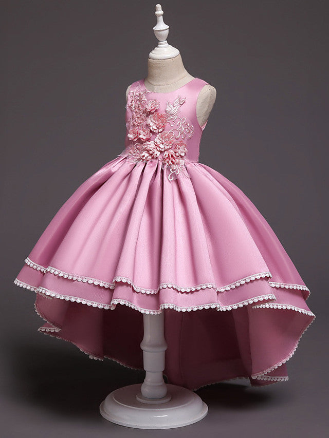 Satin Tulle Asymmetrical Flower Girl Dress with Lace Belt Appliques