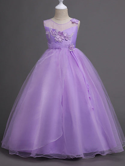 Satin Tulle Flower Girl Dress for Special Occasions - Princess Long Length with Belt Appliques