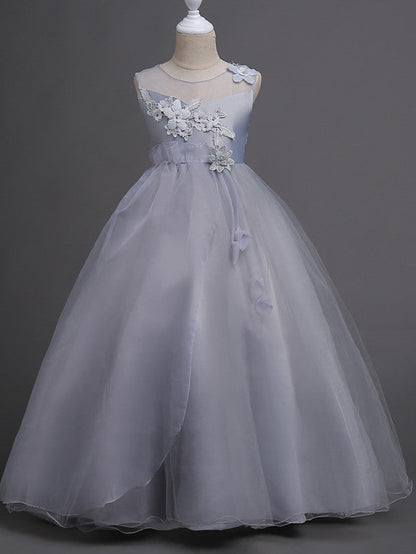 Satin Tulle Flower Girl Dress for Special Occasions - Princess Long Length with Belt Appliques