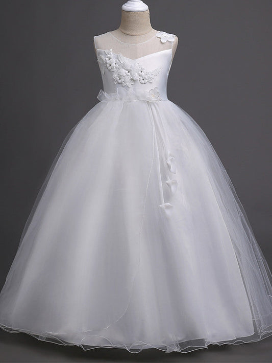 Satin Tulle Flower Girl Dress for Special Occasions - Princess Long Length with Belt Appliques