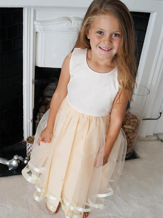 Satin Tulle Pleated A-Line Knee Length Flower Girl Dress