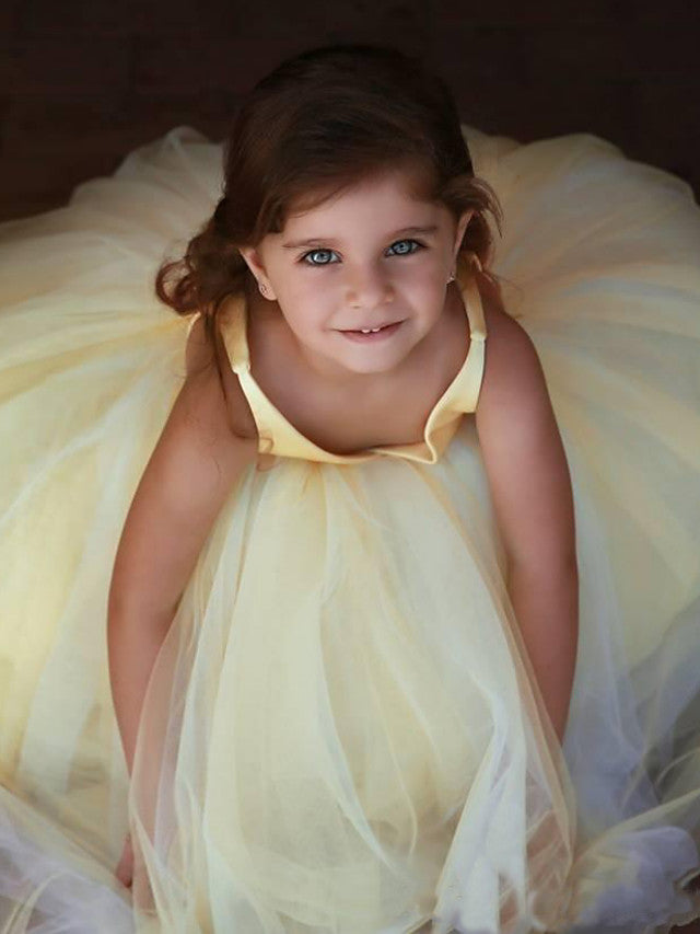 Satin Tulle V-Neck Ball Gown Flower Girl Dress With Pleats