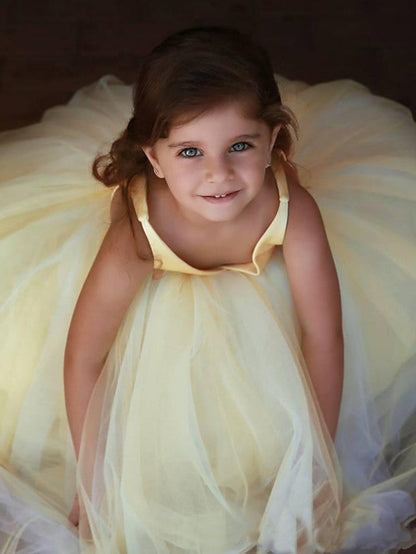 Satin Tulle V-Neck Ball Gown Flower Girl Dress With Pleats