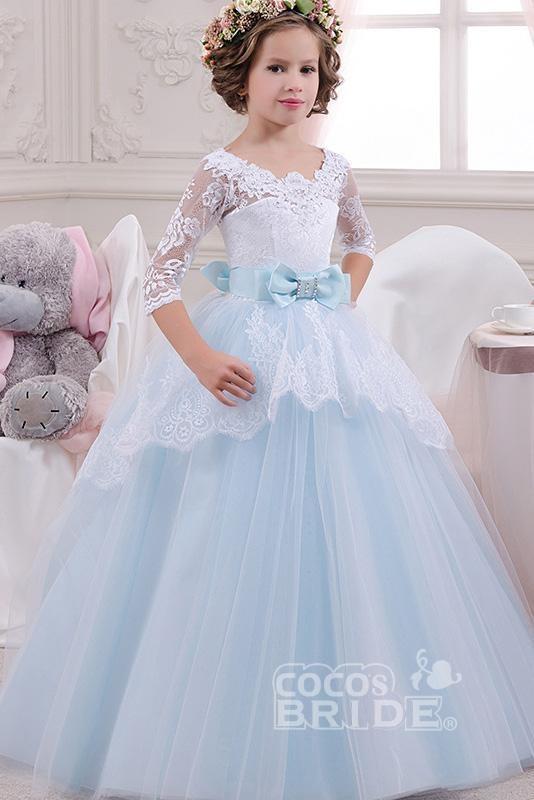 Scoop Neck 3/4 Sleeves Ball Gown Flower Girls Dress with Lace