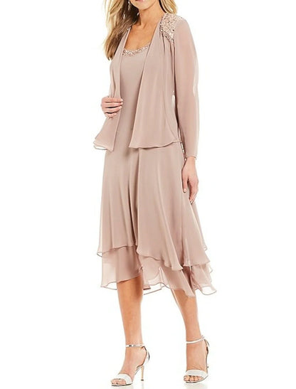 Two Piece A-Line Mother of the Bride Dress Wedding Guest Elegant Jewel Neck Tea Length Chiffon Long Sleeve with Beading Cascading Ruffles