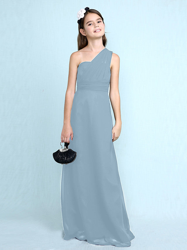 Sheath Column One Shoulder Floor Length Chiffon Flower Girl Dress with Natural Side Draping