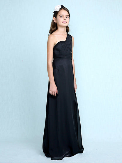 Sheath Column One Shoulder Floor Length Chiffon Flower Girl Dress with Natural Side Draping