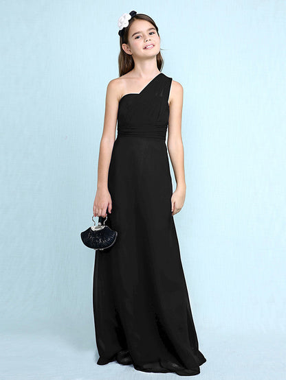 Sheath Column One Shoulder Floor Length Chiffon Flower Girl Dress with Natural Side Draping