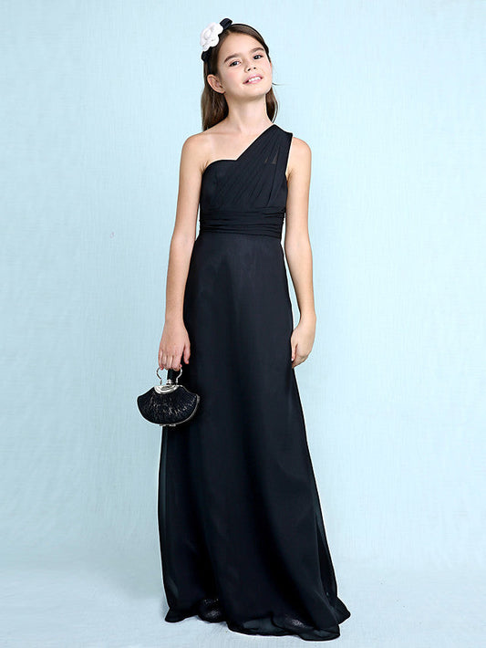 Sheath Column One Shoulder Floor Length Chiffon Flower Girl Dress with Natural Side Draping