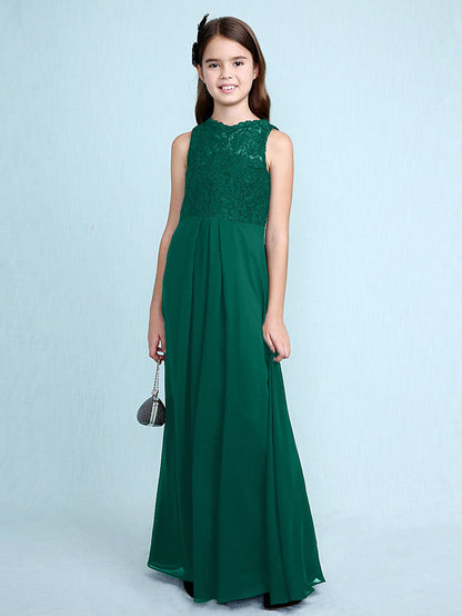 Sheath Column Scoop Neck Floor Length Chiffon & Lace Junior Bridesmaid Dress