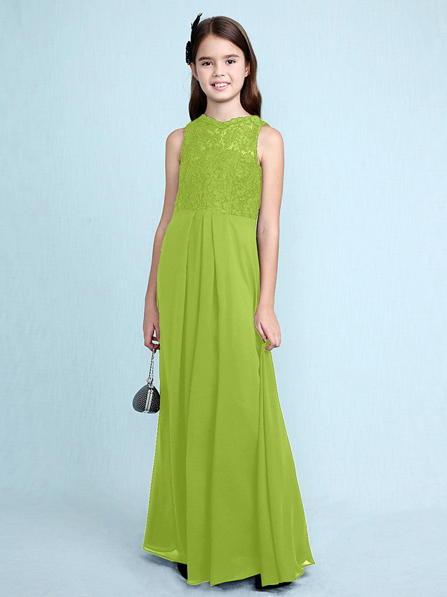 Sheath Column Scoop Neck Floor Length Chiffon & Lace Junior Bridesmaid Dress
