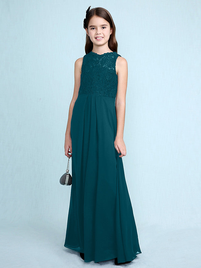 Sheath Column Scoop Neck Floor Length Chiffon & Lace Junior Bridesmaid Dress