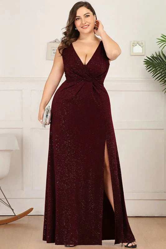 Shinning V-Neck Sleeveless Plus Size Prom Dress Long Evening Gowns With Split