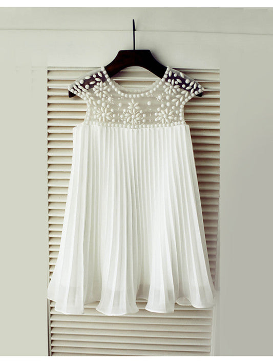 Short Sleeve A-Line Flower Girl Dress with Beading and Draping