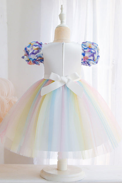 Short Sleeve Ball Gown Flower Girl Dress with Bow Appliques by Scoop