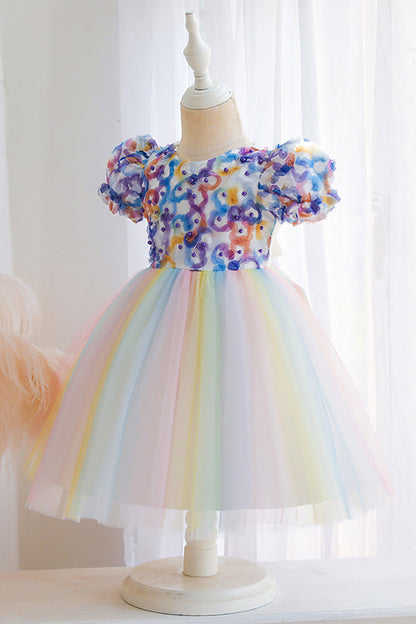 Short Sleeve Ball Gown Flower Girl Dress with Bow Appliques by Scoop