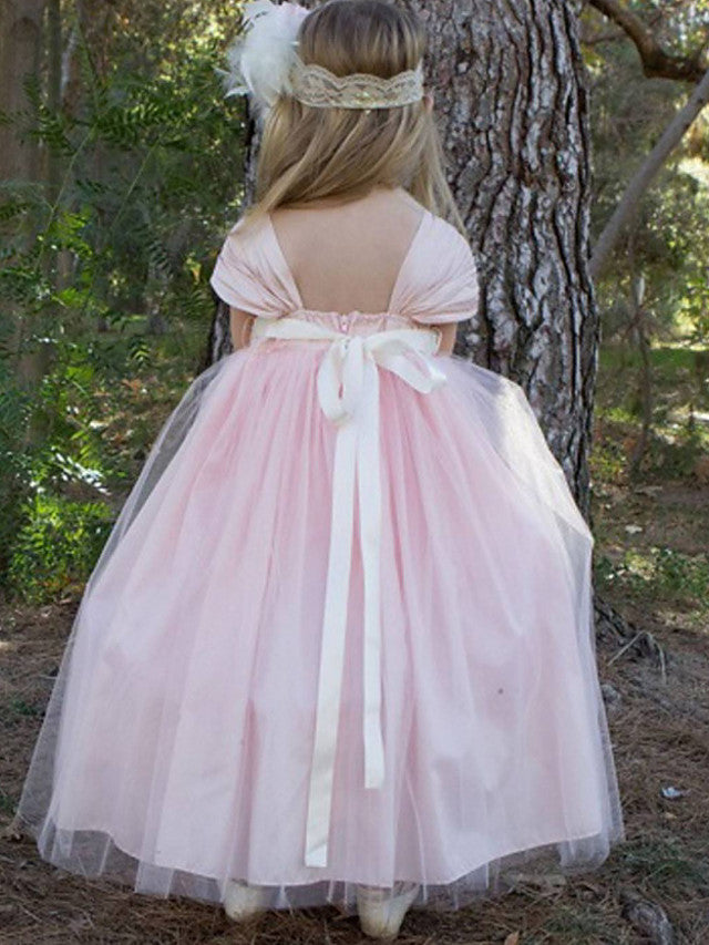 Short Sleeve Ball Gown Flower Girl Dress With Bow