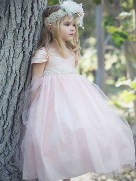 Short Sleeve Ball Gown Flower Girl Dress With Bow