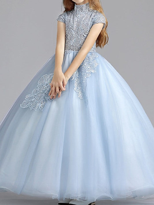 Short Sleeve High Neck Ball Gown with Ruching for Flower Girls