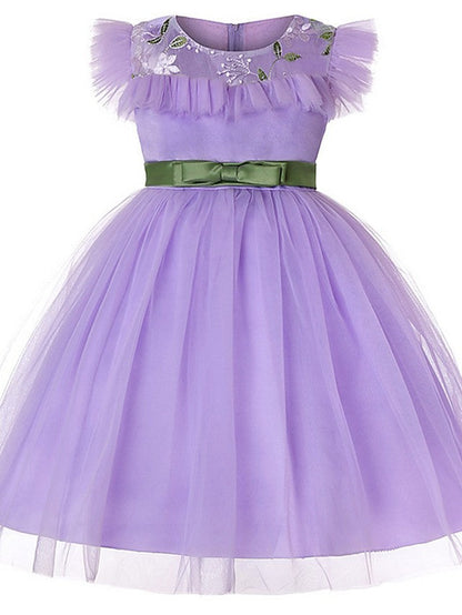 Short Sleeve Jewel Flower Girl Dresses with Tulle Sash