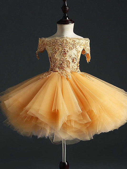 Short Sleeve Off Shoulder Flower Girl Dress With Appliques