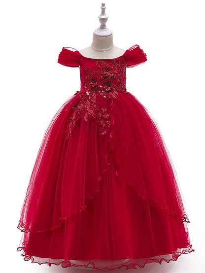Short Sleeve Off-Shoulder Flower Girl Dress with Lace Embroidery