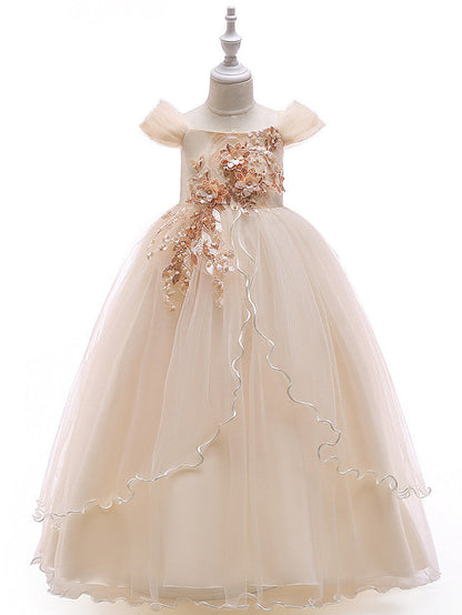 Short Sleeve Off-Shoulder Flower Girl Dress with Lace Embroidery