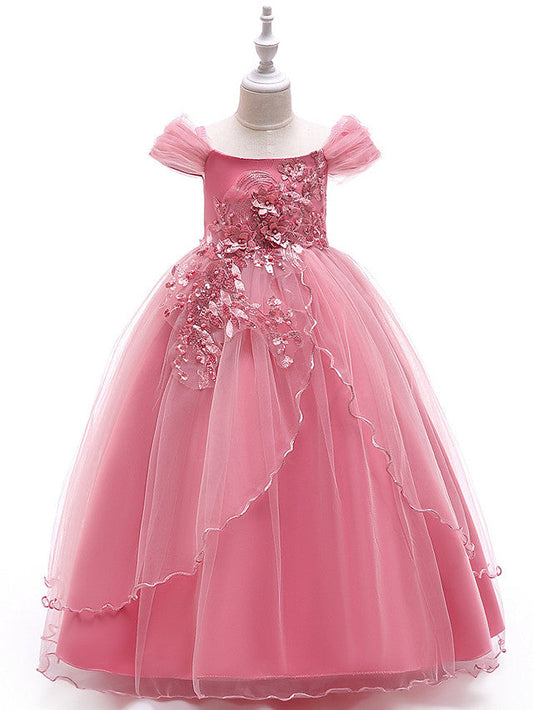 Short Sleeve Off-Shoulder Flower Girl Dress with Lace Embroidery