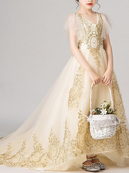Short Sleeve V Neck Ball Gown with Appliques for Flower Girl Dress