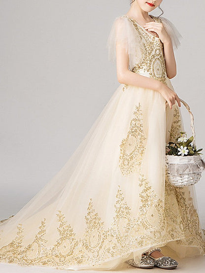 Short Sleeve V Neck Ball Gown with Appliques for Flower Girl Dress