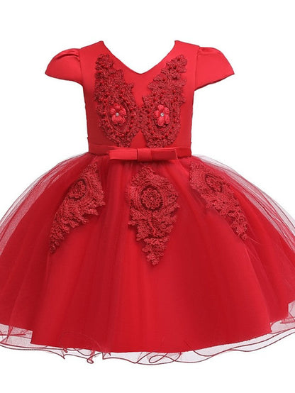 Short Sleeve V Neck Flower Girl Dresses with Tulle Sash Ribbon and Bow Appliques