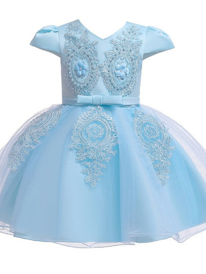 Short Sleeve V Neck Flower Girl Dresses with Tulle Sash Ribbon and Bow Appliques