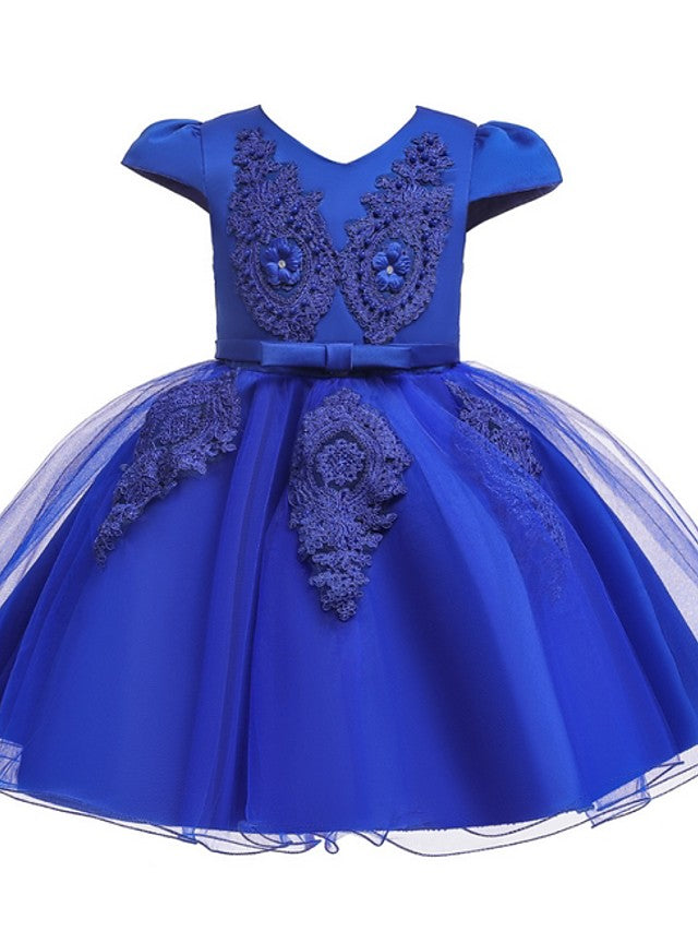 Short Sleeve V Neck Flower Girl Dresses with Tulle Sash Ribbon and Bow Appliques