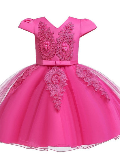 Short Sleeve V Neck Flower Girl Dresses with Tulle Sash Ribbon and Bow Appliques