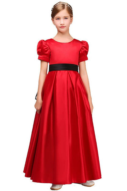 Short Sleeves Jewel Satin Flower Girl Dress with Belt