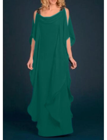 Sheath / Column Mother of the Bride Dress Wedding Guest Elegant Plus Size Scoop Neck Floor Length Chiffon Half Sleeve with Appliques