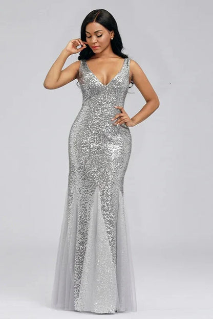 Silver V-Neck Sequins Mermaid Prom Dress Long Evening Party Gowns