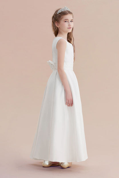 Simple Sleeveless Jewel A-line Flower Girl Dress with Handmade Flowers