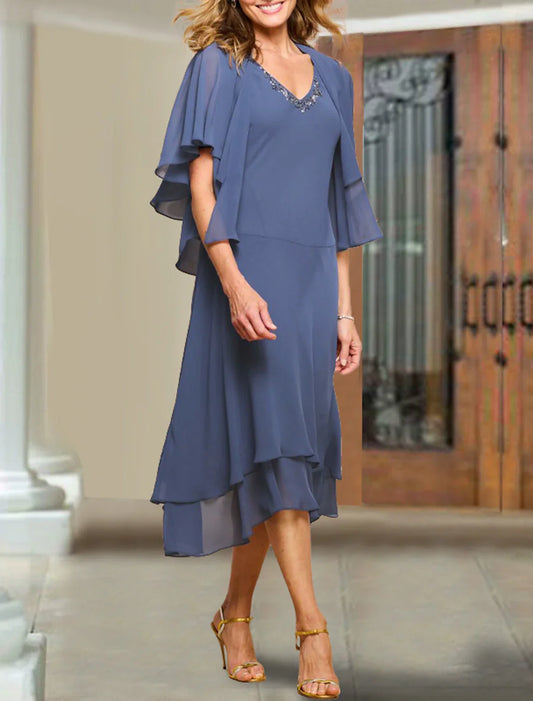 Two Piece A-Line Mother of the Bride Dress Wedding Guest Elegant Plus Size V Neck Tea Length Chiffon Short Sleeve Wrap Included Short Jacket Dresses with Beading Ruffles
