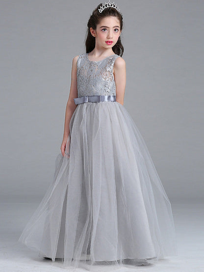 Sleeveless A-Line Round Floor Length Flower Girl Dress with Lace