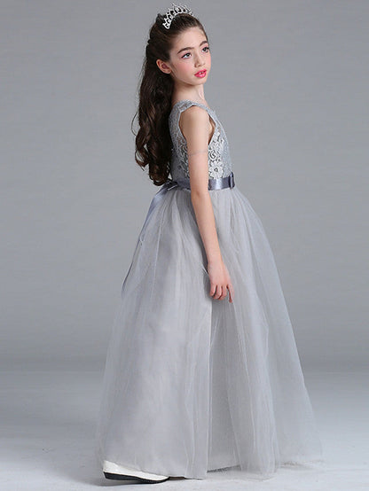 Sleeveless A-Line Round Floor Length Flower Girl Dress with Lace