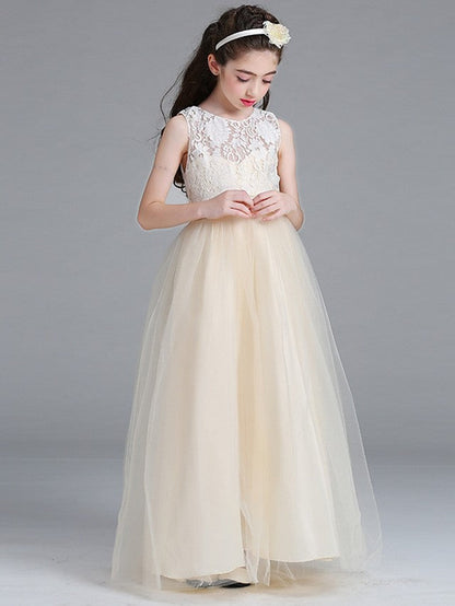 Sleeveless A-Line Round Floor Length Flower Girl Dress with Lace