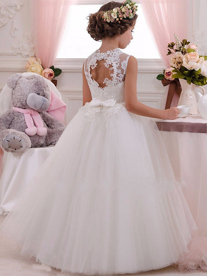 Sleeveless Flower Girl Dress with Scalloped Neckline and Lace Appliques Crystals and Rhinestones