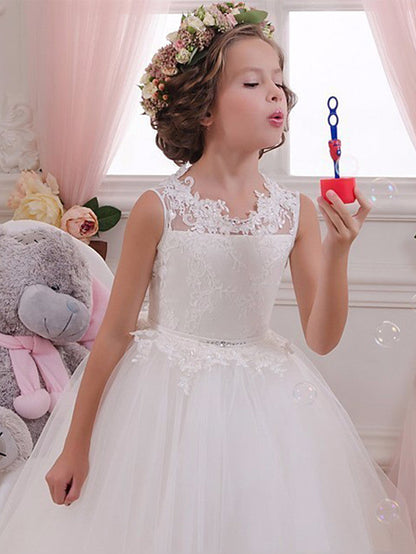 Sleeveless Flower Girl Dress with Scalloped Neckline and Lace Appliques Crystals and Rhinestones