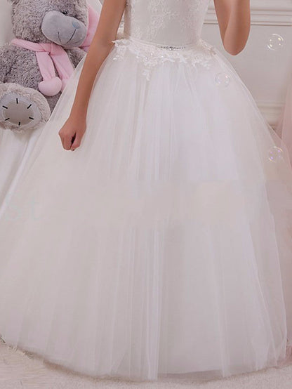 Sleeveless Flower Girl Dress with Scalloped Neckline and Lace Appliques Crystals and Rhinestones