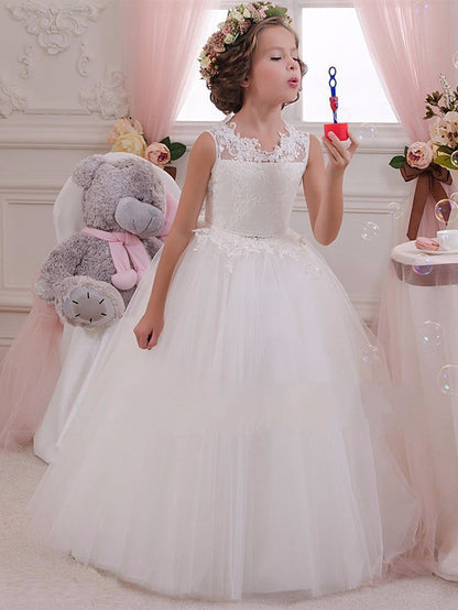 Sleeveless Flower Girl Dress with Scalloped Neckline and Lace Appliques Crystals and Rhinestones