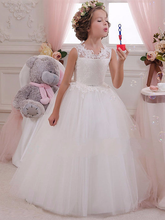 Sleeveless Flower Girl Dress with Scalloped Neckline and Lace Appliques Crystals and Rhinestones