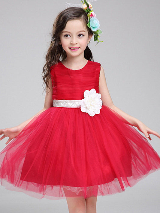 Sleeveless Jewel Neck Knee Length Flower Girl Dress with Color Block Bandage