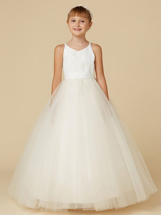 Sleeveless Lace Tulle Flower Girl Dress with Bow Appliques