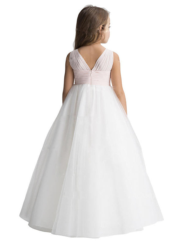 Sleeveless V-Neck A-Line Flower Girl Dress with Ruching and Tulle Floor Length